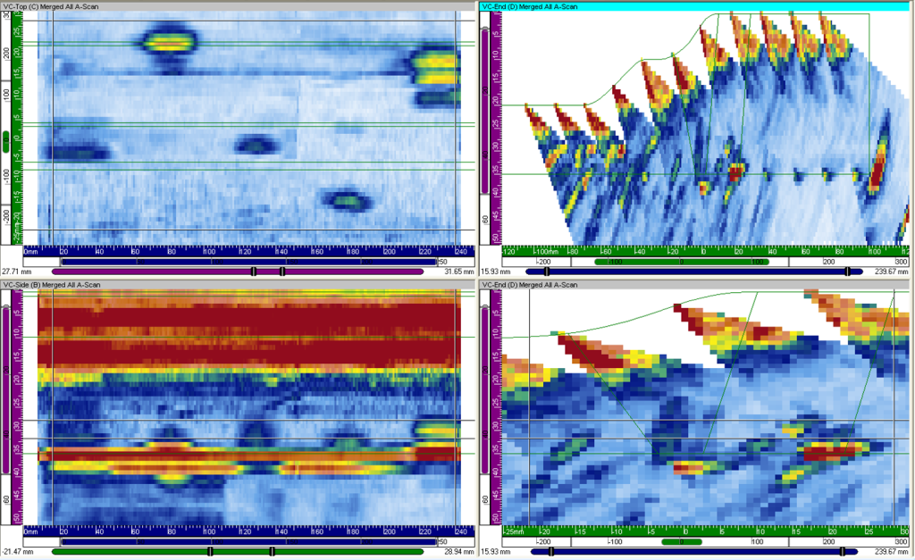 Actual UT data acquired with flexible array on tapered specimen using the position dependent focal law groups tool.png